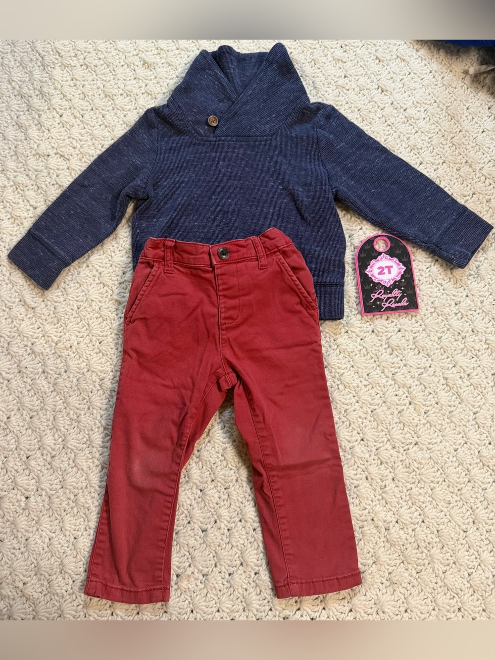 Old Navy Navy Shawl-Collar Sweater & Burgundy Pants Set